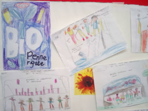Cartellone con disegni creati da bambini sul laboratorio cinque sensi