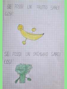 Disegno creato da un bambino rappresentante un frutto e un ortaggio