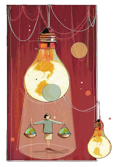 Disegno donna che fa da bilancia e illuminata da una lampadina che è la Terra