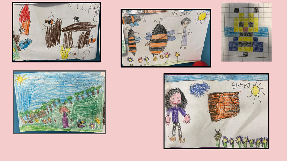 Progetto coop scuola primaria Candia Canavese. sono raffigurati vari disegni fatti da bambini rappresentanti delle api