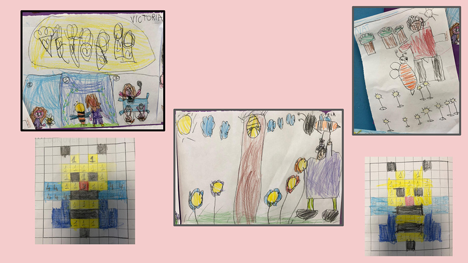 Progetto coop scuola primaria Candia Canavese. sono raffigurati vari disegni fatti da bambini rappresentanti delle api