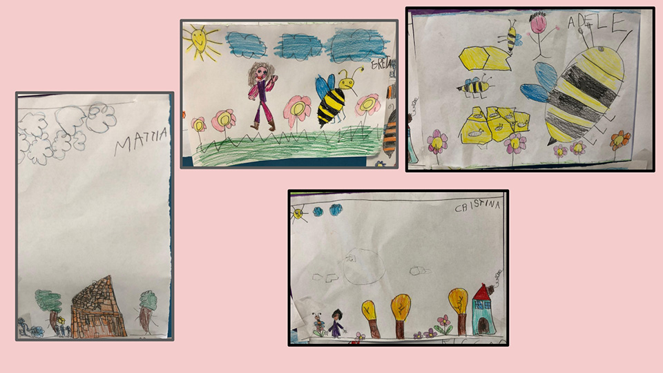 Progetto coop scuola primaria Candia Canavese. sono raffigurati vari disegni fatti da bambini rappresentanti delle api