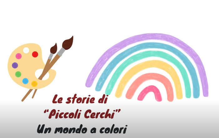 copertina le storie di piccoli cerchi un mondo a colori con disegno di tavolozza e arcobaleno