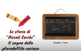 copertina le storie di piccoli cerchi il sogno dello ptertodattilo curioso con disegni di matite colorate e lavagna
