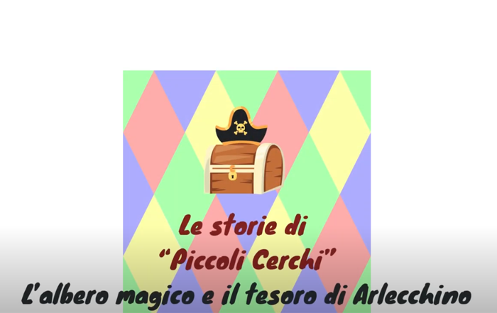 copertina le storie di piccoli cerchi l'albero magico e il tesoro di arlecchino con immagine di baule e cappello da pirata