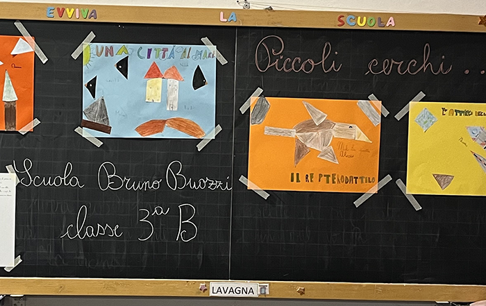 lavagna su cui ci sono vari disegni creati dai bambini per progetto piccoli cerchi
