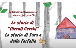 copertina le storie di piccoli cerchi la storia di sara e della farfalla con disegni di alberi, casa e farfalla