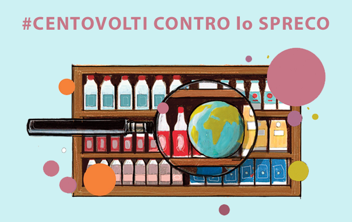 Disegno lente d'ingrandimento che riflette una la Terra e scaffale di bottiglie di latte