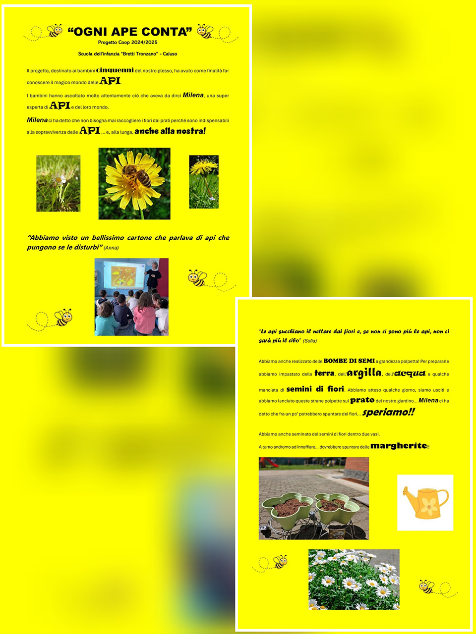 cartellone con scritte e immagini di fiori, api, e bambini ripresi di spalle