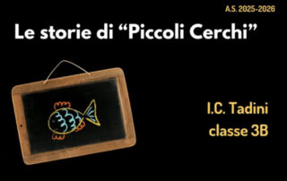 copertina le storie di piccoli cerchi ic tadini classe 3a con i disegno di lavagna su cui è disegnato un pesce