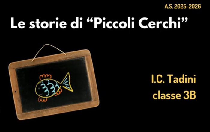 copertina le storie di piccoli cerchi ic tadini classe 3a con i disegno di lavagna su cui è disegnato un pesce