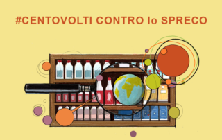 Disegno lente d'ingrandimento che riflette una la Terra e scaffale di bottiglie di latte