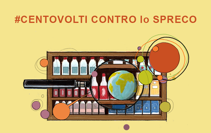 Disegno lente d'ingrandimento che riflette una la Terra e scaffale di bottiglie di latte