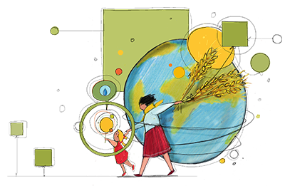 disegno di donna e bambina davanti al pianeta Terra