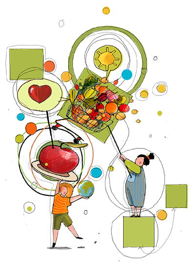 disegno di bambini che reggono un carrello sospeso contenete frutta disegno di bambini che reggono un carrello sospeso contenete frutta