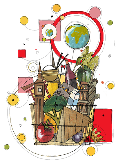 disegno cestino con prodotti alimentari e monumenti disegno cestino con prodotti alimentari e monumenti