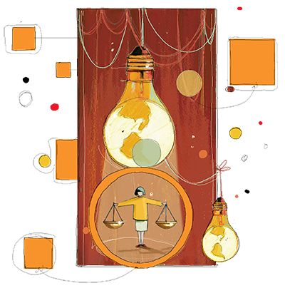 Disegno donna che fa da bilancia e illuminata da una lampadina che è la Terra Disegno donna che fa da bilancia e illuminata da una lampadina che è la Terra
