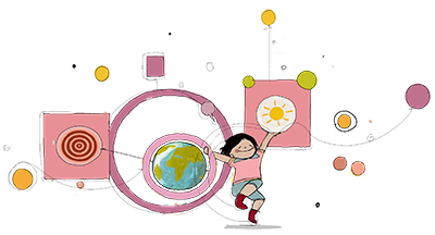 disegno di bambino con cerchi e pianeta Terra disegno di bambino con cerchi e pianeta Terra
